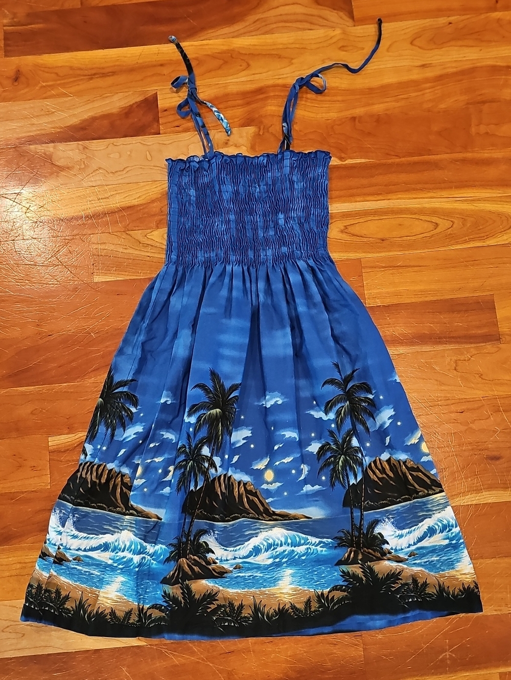 Blue Tropical Print Smocked Sundress